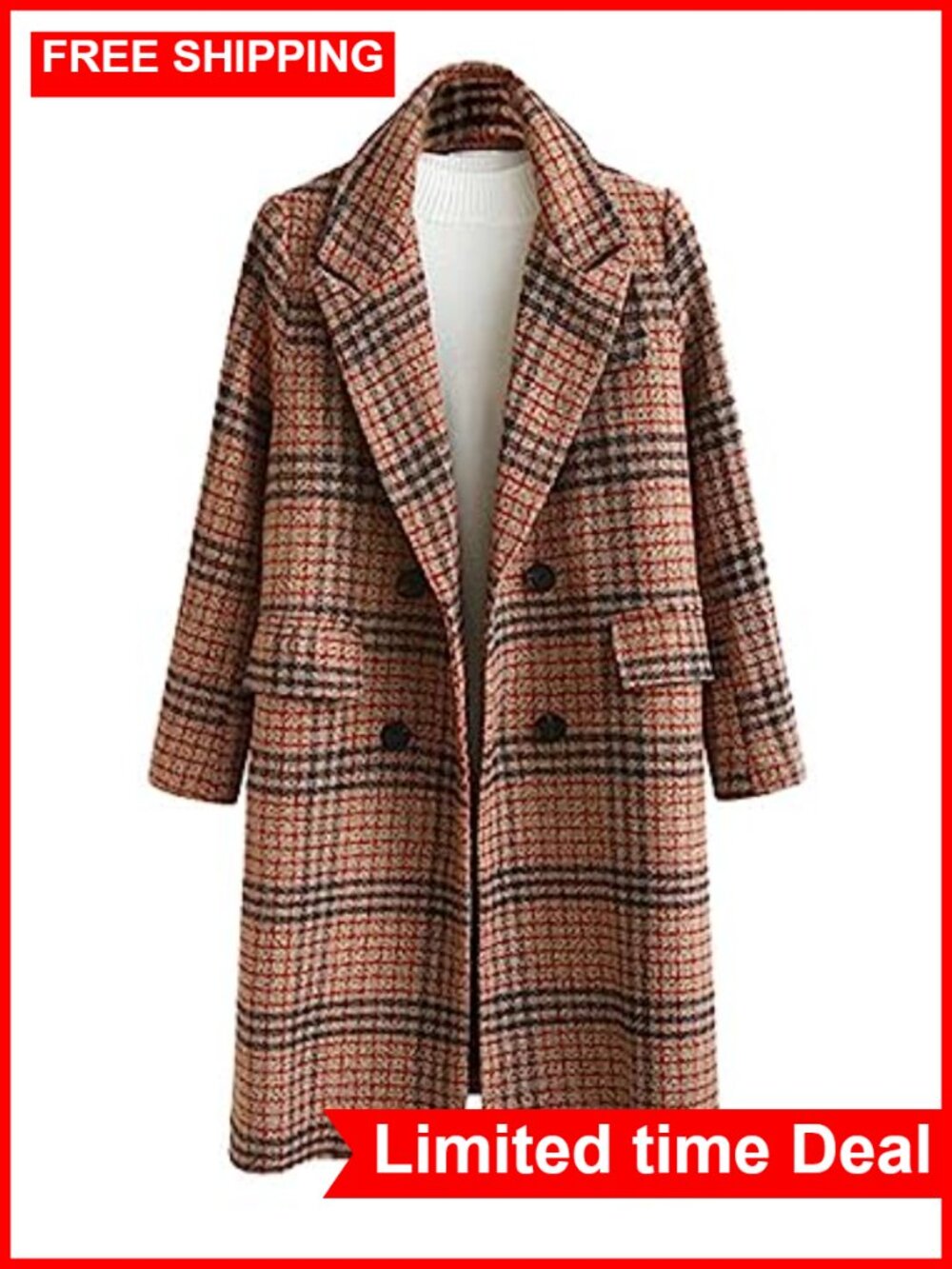 Oversize Lapel Collar Woolen Plaid Double Breasted Long Peacoat Jacket
